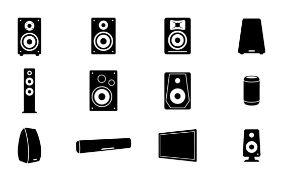 Audio Speaker Icons Set, Sound System Vector Graphics, Music Equipment Collection, Home Entertainment Devices
