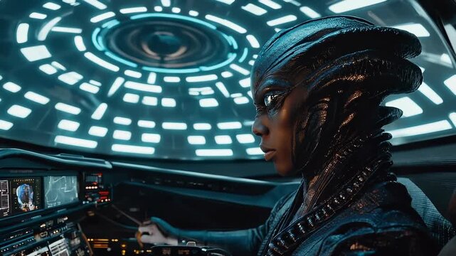 Alien Pilot at Futuristic Spaceship Console &ndash; Sci-Fi Portrait of a Female Extraterrestrial in Command