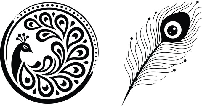 Elegant Peacock Mandala Logo and Feather Silhouette Vector Icon Set for Luxury Design
