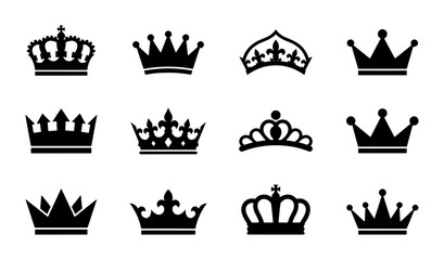 Royal Crown Icons Set, Regal Headwear Vector Collection, Majestic Symbol Graphics, Royalty Emblem Silhouettes © Joni