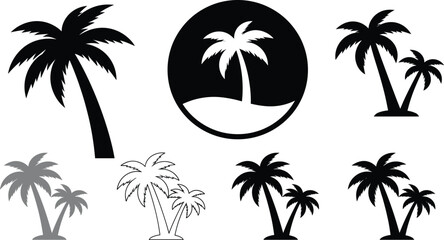 Fototapeta premium Black Palm Tree Silhouette Icon Set For Summer Beach Vacation Graphic Designs