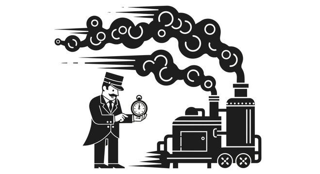 Vintage Train Conductor Checking Time with Steam Locomotive Illustration