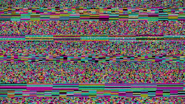 Cyberpunk neon pink and cyan block glitch background seamless loop, futuristic sci-fi data mosh screen tearing LED transition video effects 4k