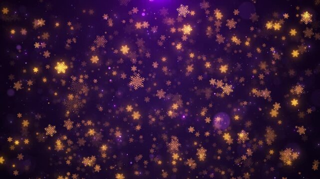 Purple golden snow flake background glowing winter icons, soft bokeh, and festive dark violet atmosphere.