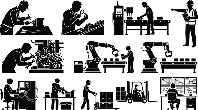 Premium black and white silhouette collection set of industrial workers and manufacturing processes in modern factory settings