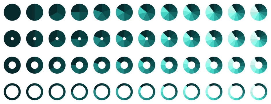 Set of pie charts diagrams. Circle pie chart diagram. Pie chart divided 2, 3, 4, 5, 6,7, 8, 9, 10, 11, 12. equal parts. Infographic element round shape. Loading bar set diagram multicolored collection