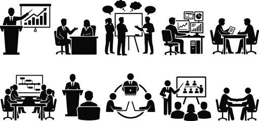 Obraz premium Premium black and white silhouette collection set of business people working in office environments and meeting situations