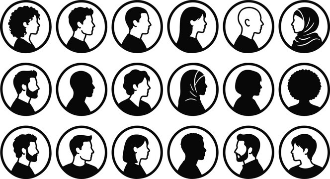 Human Avater, Diverse user avatar icon set circle portrait silhouettes of men and women