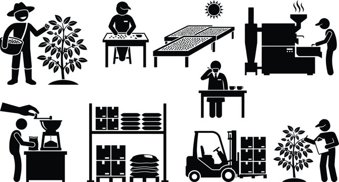 Premium black and white silhouette collection set of coffee production process icons featuring farmers roasting and packaging beans