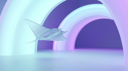 Glass manta ray swimming through neon arches background