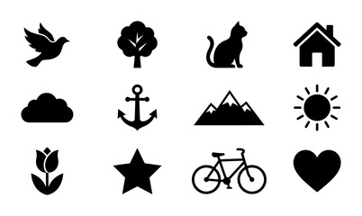 Fototapeta premium Set of 12 Simple Black Icons: Nature, Home, Transport, Symbols, Vector Graphics for Web and Design