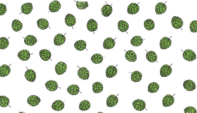 Seamless pattern with green hops cones, hand-drawn illustration, perfect for craft beer, brewing, or organic product designs.