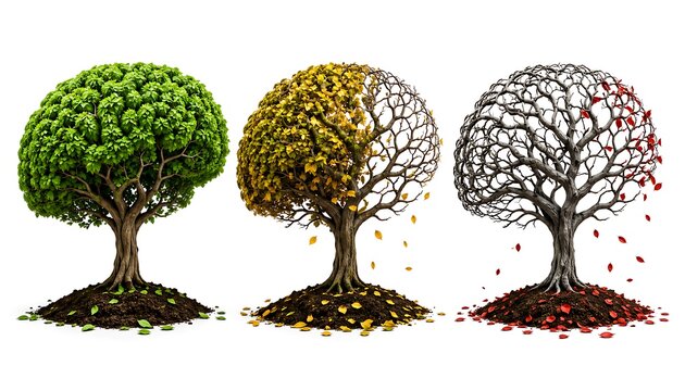Conceptual brain shaped trees representing mental health stages, human brain anatomy metaphor through seasonal tree growth, psychological wellness evolution