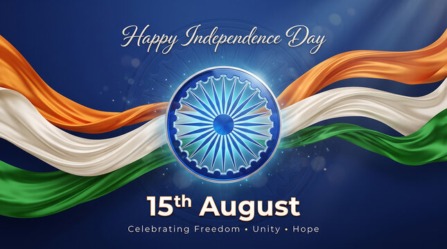 Celebration of national independence day with flag symbols with festive date text deep blue cosmic background illustration celebrating national