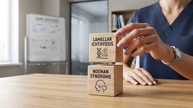 A healthcare professional stacking wooden blocks with genetic disorder names in office