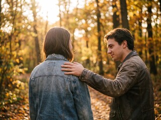 Fototapeta premium Young couple shares a tender moment in the warm glow of an autumn forest, a comforting hand on the shoulder symbolizing support and affection amidst golden leaves