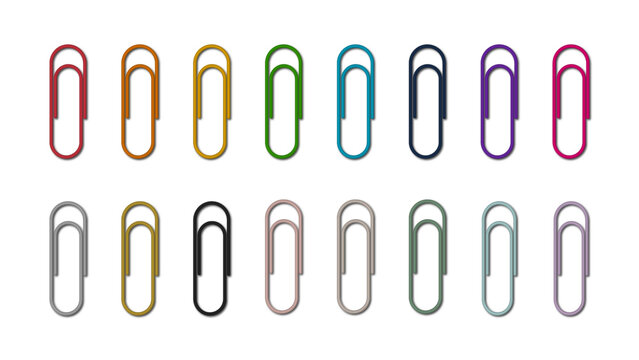 Set of 16 colorful and metallic paper clips in various shades, including bright, neutral, and pastel tones. Realistic 3D vector illustration with soft drop shadows, isolated on transparent background