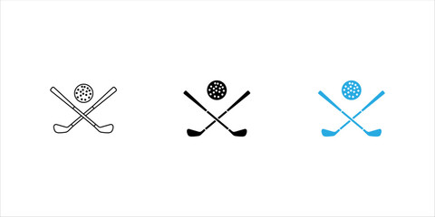 Minimal field hockey sticks crossed with ball outline icon in editable stroke style. Perfect for sports, competition, team games, tournaments, fitness, recreation, and mobile or web interface design. © Muhammad