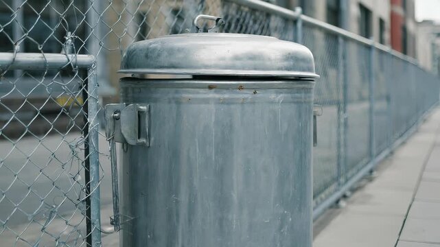 Urban Metal Trash Can with Lid Beside Chain Link Fence on Sidewalk &ndash; Cityscape Background