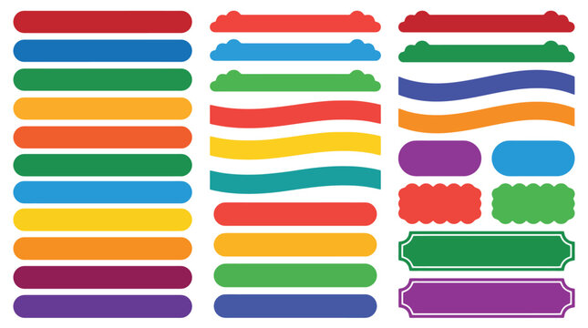 Colorful flat banner set, vibrant web button collection, decorative ribbon and label vector elements for graphic design and UI