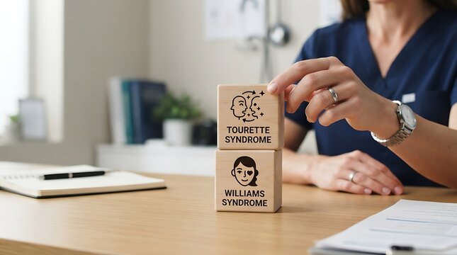 Woman stacking wooden blocks with Tourette Syndrome and Williams Syndrome on desk in office