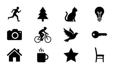 Obraz premium Vector Icon Set: Running Man, Christmas Tree, Cat Silhouette, Lightbulb, Camera, Cyclist, Dove, Key, House, Coffee Cup, Star, Chair Icons