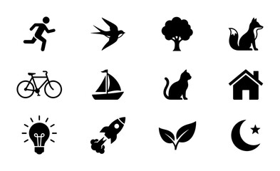 Fototapeta premium Minimalist Black Icons Set: Running Man, Swallow, Tree, Fox, Bicycle, Sailboat, Cat, House, Lightbulb, Rocket, Leaves, Moon & Star - Vector Graphics