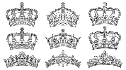 Vintage royal crown collection, 9 black and white imperial tiara vector icons, ornate monarch headwear set for luxury branding and heraldry © usman