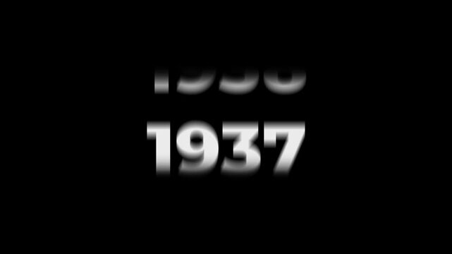 Reverse 98 year counter animation scrolling back from 2026 to 1928. White 3D text on black background. Going back in time flashback and history timeline motion graphics concept.