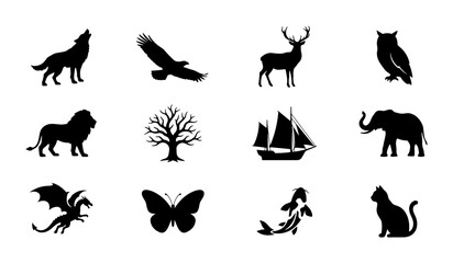 Fototapeta premium Silhouette Animal Icons Collection, Wildlife & Nature Vector Graphics Set, Mythical Creatures & Forest Elements for Design Projects