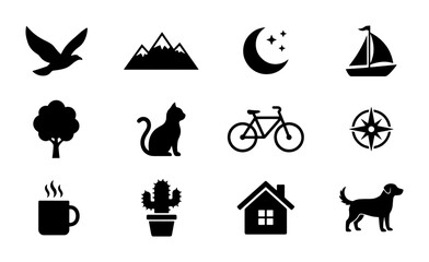 Fototapeta premium Set of 12 Black Silhouette Icons: Nature, Travel, Home, and Pets. Vector Graphics for Web and Print Design.