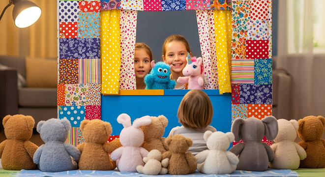 Two children perform with a colorful patchwork puppet stage and stuffed bears.