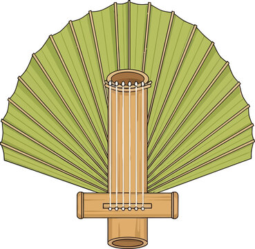 Traditional Indonesian Sasando musical instrument crafted from bamboo and palm leaves.