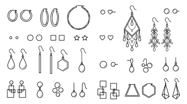 Minimalist earring line icons set, jewelry fashion accessories vector collection, modern hoop and stud earring illustrations for retail and design