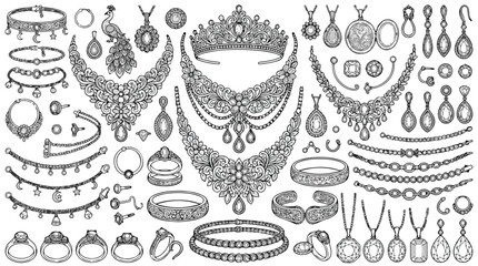 Vintage jewelry collection vector set, elegant diamond necklaces and royal tiara illustrations, luxury bridal accessories and antique earrings © usman