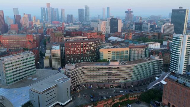Aerial Video of the Piccadilly 111 and Central Manchester City Skyline in the Morning