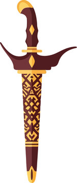 Ornate Indonesian keris dagger cultural weapon flat vector illustration on white.