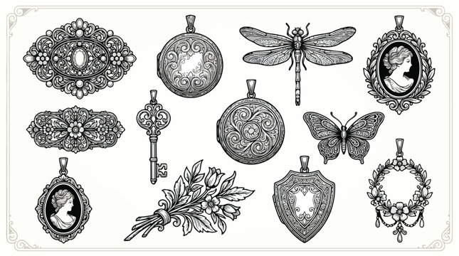 Vintage Victorian jewelry collection, antique locket and cameo vector set, ornate filigree brooches and butterfly pendants, 12 black and white line art elements