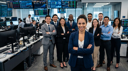 Obraz premium Portfolio manager leads diverse investment team in modern trading office, showcasing financial expertise, market analysis, wealth management and professional collaboration with copy space.