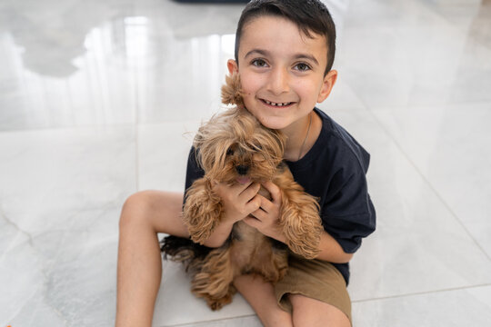Boy Holding Yorkshire Terrier At Home
