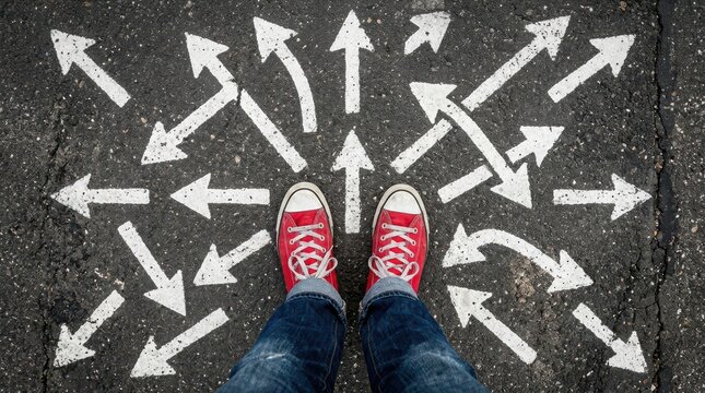 Person wearing red sneakers on asphalt surrounded by chaotic multi directional arrows