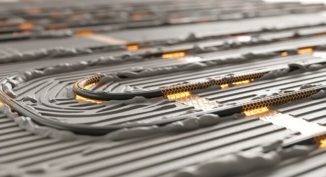 Closeup of radiant floor heat cables within thinset emphasizing durability and slim design for energyefficient indoor heating.