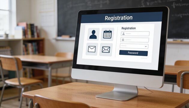 Computer Registration in Classroom: A modern computer displaying a registration form sits on a desk in a classroom, surrounded by desks and chairs.