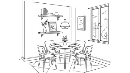 Obraz premium Minimalist dining room interior line art vector, modern apartment breakfast nook with round table and chairs, cozy home kitchen scene illustration