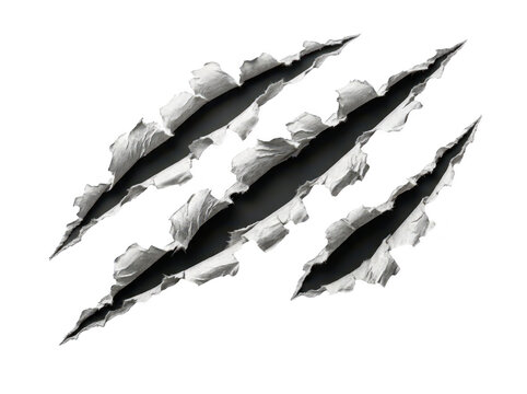 Fierce beast claw marks ripping through paper isolated on transparent background for horror designs.