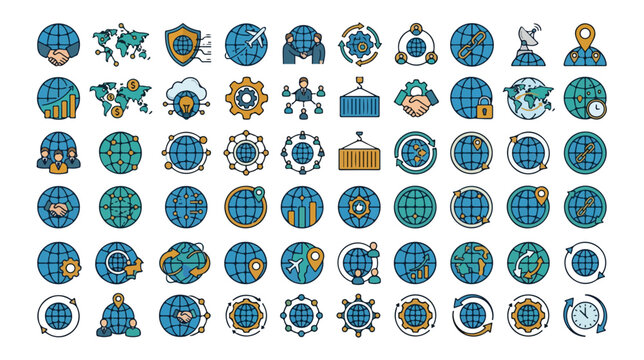 Global business and technology vector icon set, 50 blue and teal flat line style world map and globe icons, international communication and network symbols for digital projects