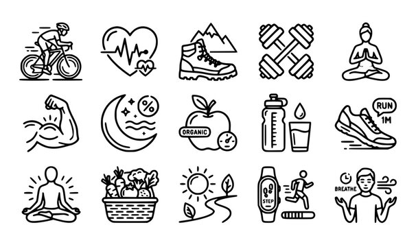 Modern healthy lifestyle icon vector set with editable stroke symbols for fitness exercise sleep and nutrition tracking
