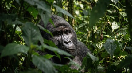 Majestic Mountain Gorilla Peeking Through Dense Tropical Jungle Foliage in African Rainforest Wild © R Arts