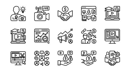 Fototapeta premium Digital Marketing and Business Promotion Line Icons Set with Video Marketing, Partnership, Advertising and Social Media Vector
