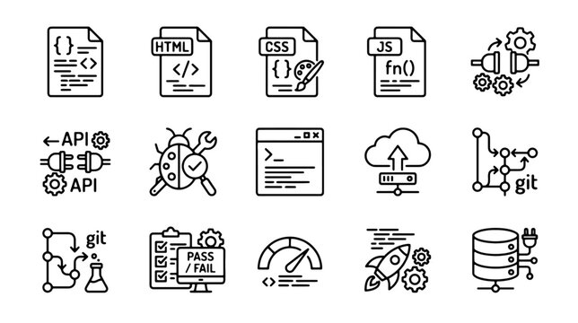 74Web Development and Programming Line Icons Set with HTML, CSS, JavaScript, Bug Fixing, Terminal and Cloud Upload